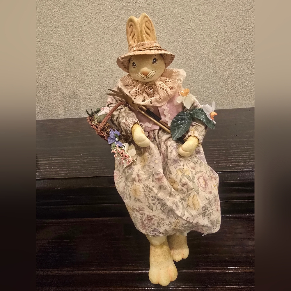 Vintage Decorative Floral Bunny Doll in Pastel Yellow and Cream